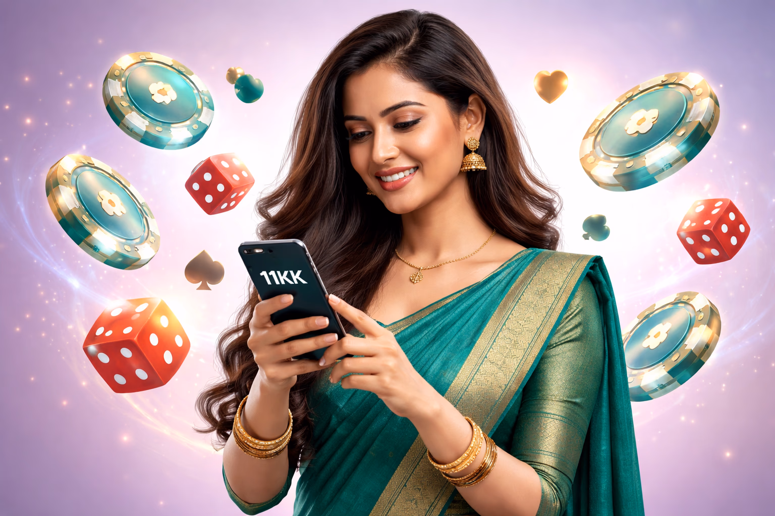 Confident Bangladeshi woman enjoying the 11KK mobile gaming app with floating chips and playing cards behind her