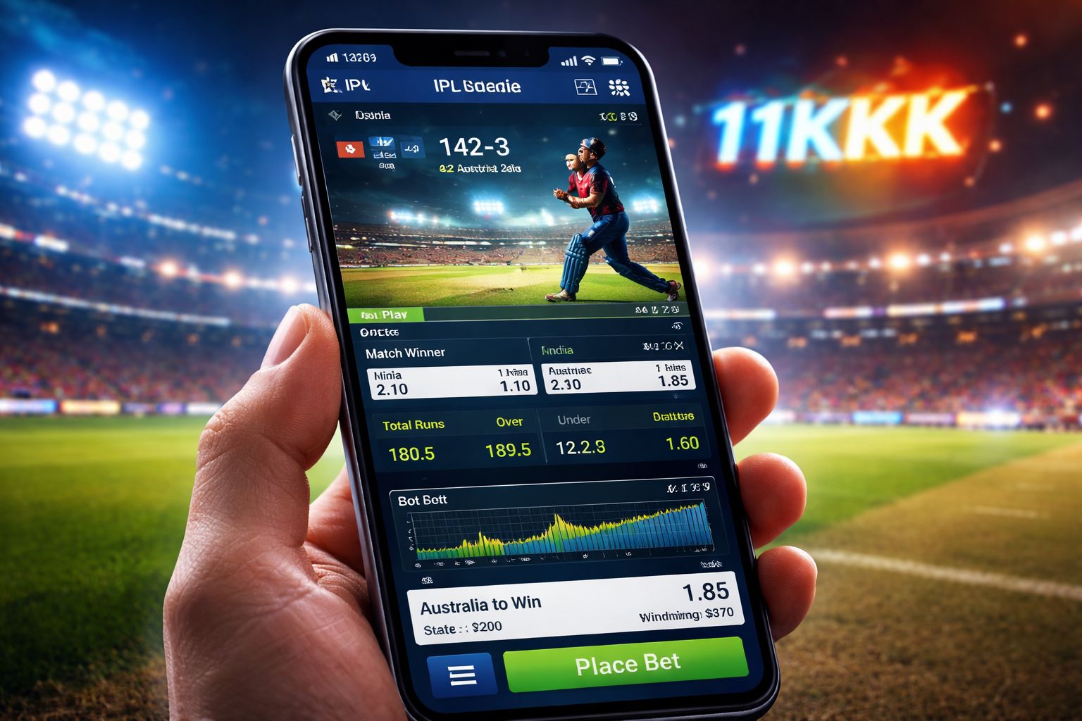 11KKK sports betting — live cricket odds shown on mobile