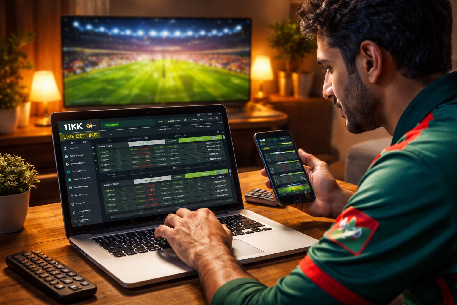 Attentive Bangladeshi punter monitoring live cricket markets on a laptop with 11KK while following match coverage on TV in a cozy living room