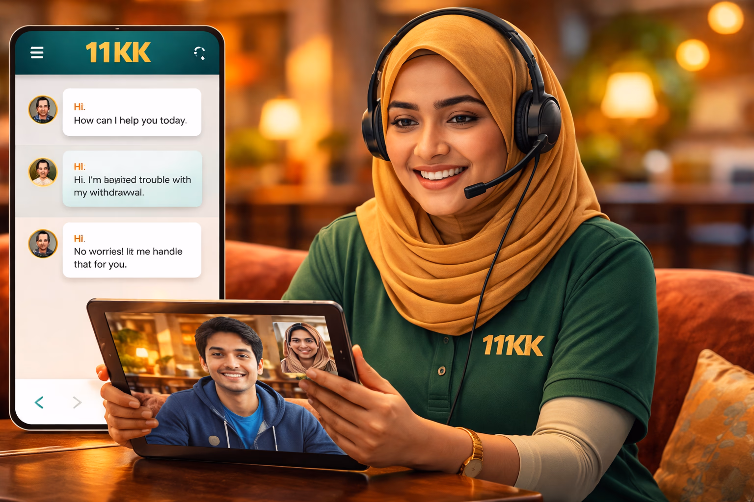 স্টাইলিশ বাংলা কনসিয়ার্জ 11KK সাইন-ইন লাউঞ্জে সদস্যদের স্বাগত জানাচ্ছেন উজ্জ্বল ল্যাম্প এবং ভাসমান চিপ সহ